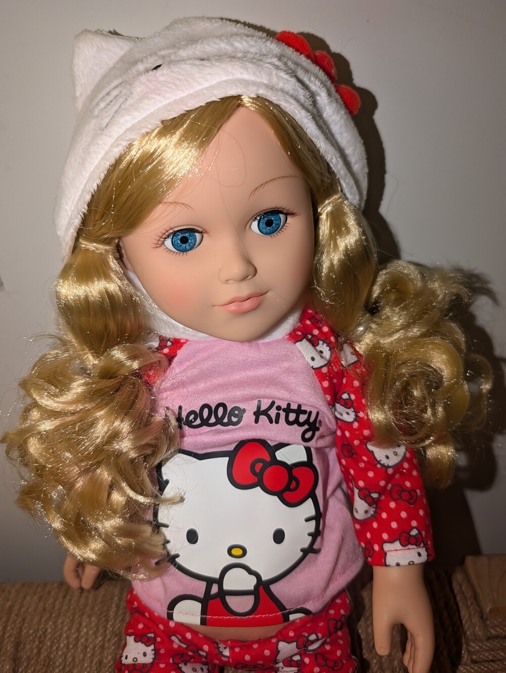 My Life As Hello Kitty Pink and Red Doll Pajama Set with White Kitty Hat 18"